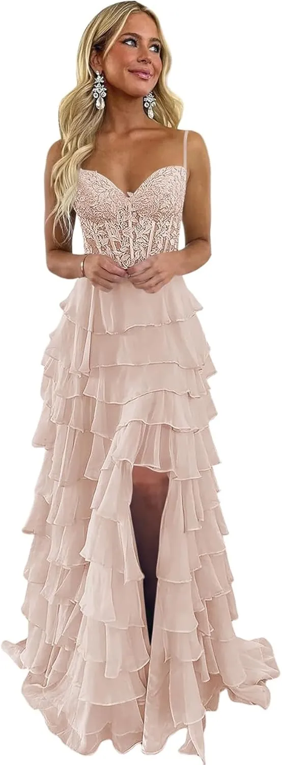 Lace Appliques Tiered Prom Dresses with Slit 2025 Spaghetti Strap Corset Ruffle Chiffon Formal Evening Gowns