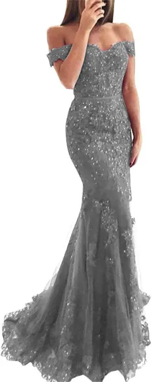 Lace Beaded Tulle Long Evening Dress Off Shoulder Mermaid Formal Party Gown