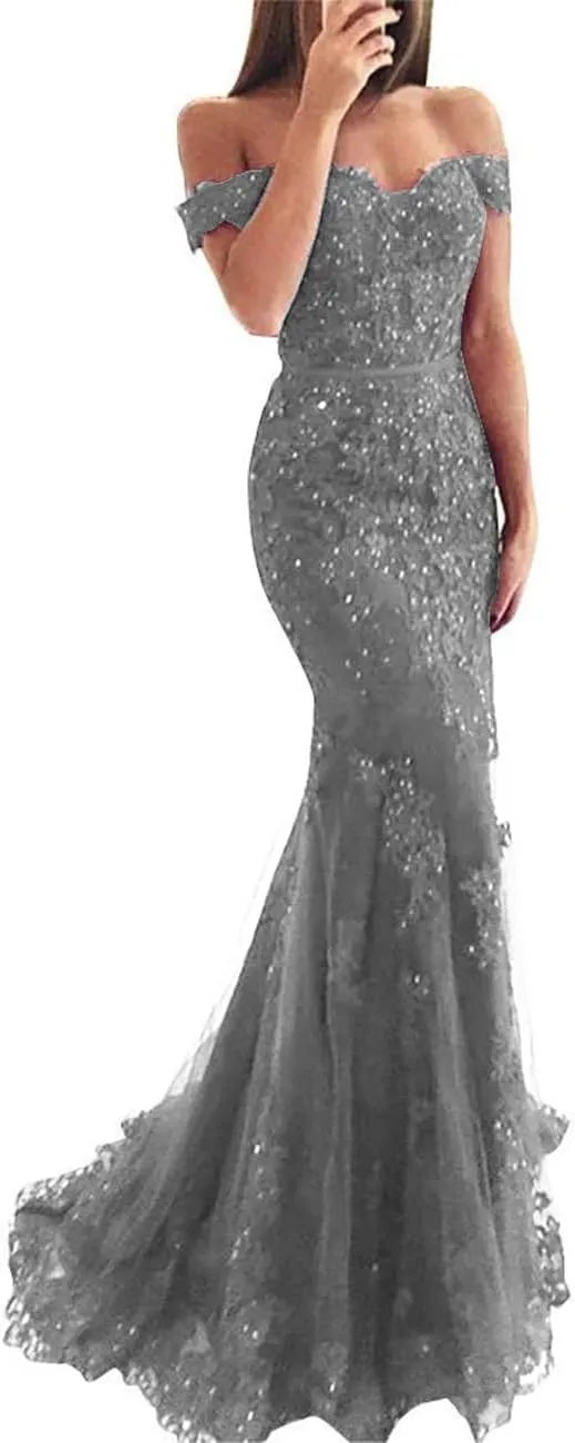Lace Beaded Tulle Long Evening Dress Off Shoulder Mermaid Formal Party Gown