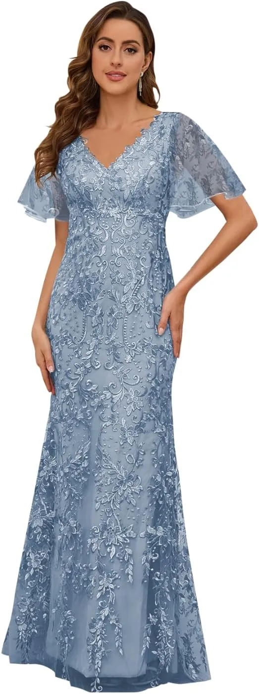 Lace Mermaid Mother of The Bride Dresses for Wedding Short Sleeve Formal Dress Evening Gowns