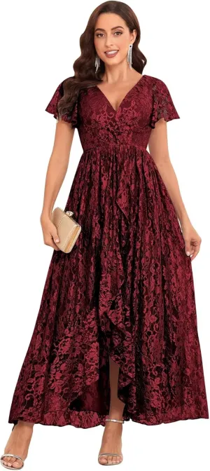 Lace Mother of The Bride Dresses for Wedding Long V Neck Hi Low Formal Evening Dress with Sleeves