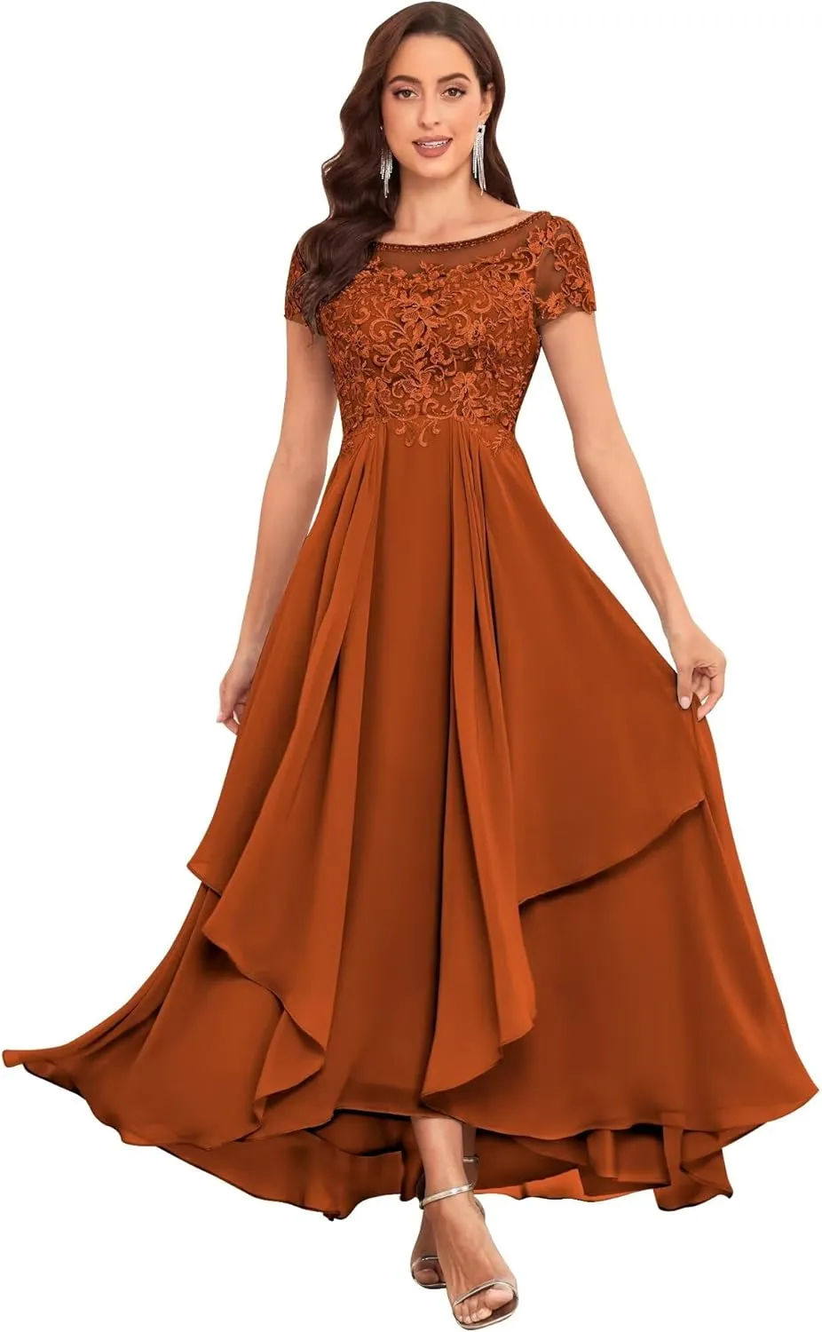 Lace Mother of The Bride Dresses for Wedding Short Sleeve Ruffle Chiffon Formal Evening Gown