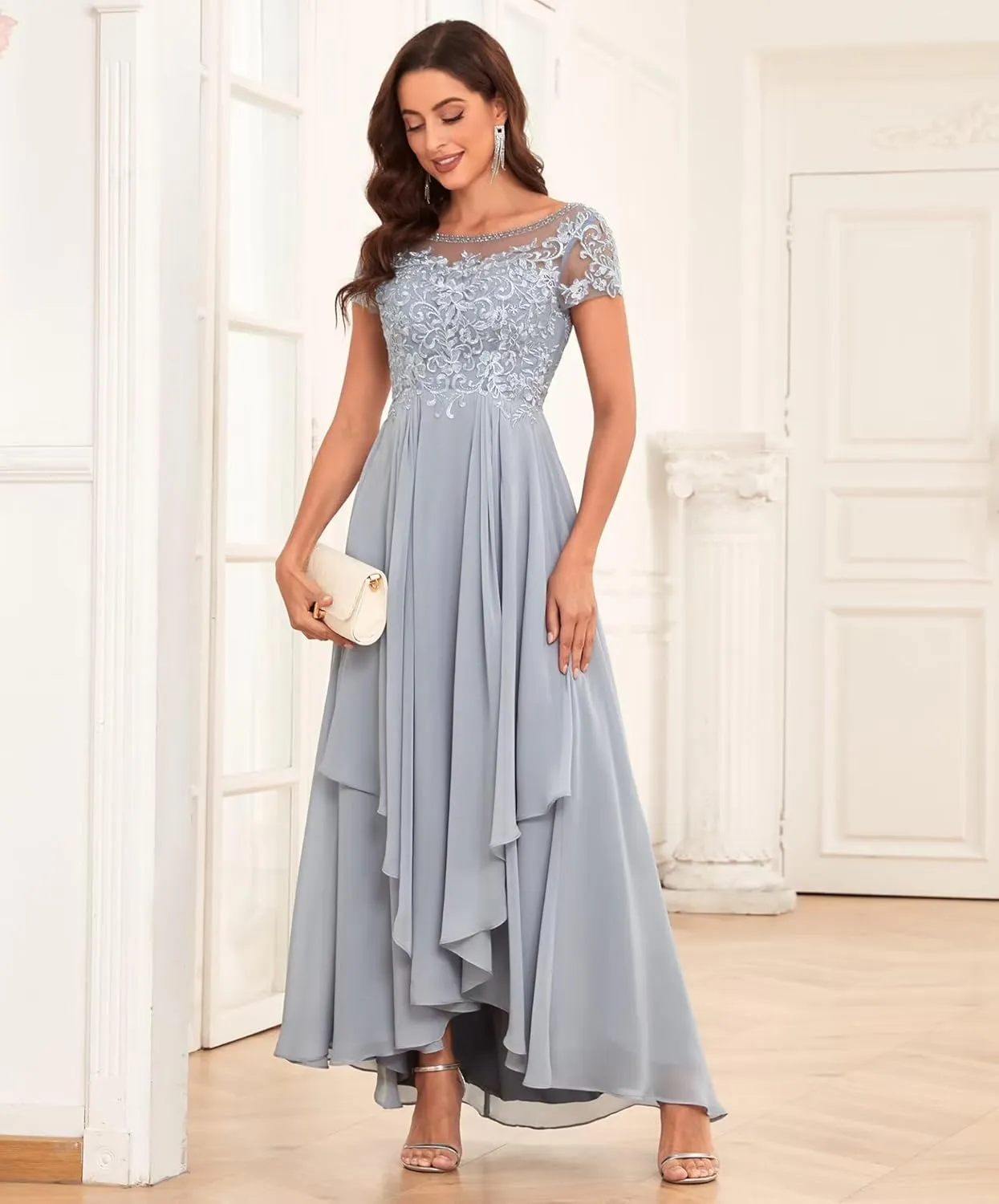 Lace Mother of The Bride Dresses for Wedding Short Sleeve Ruffle Chiffon Formal Evening Gown