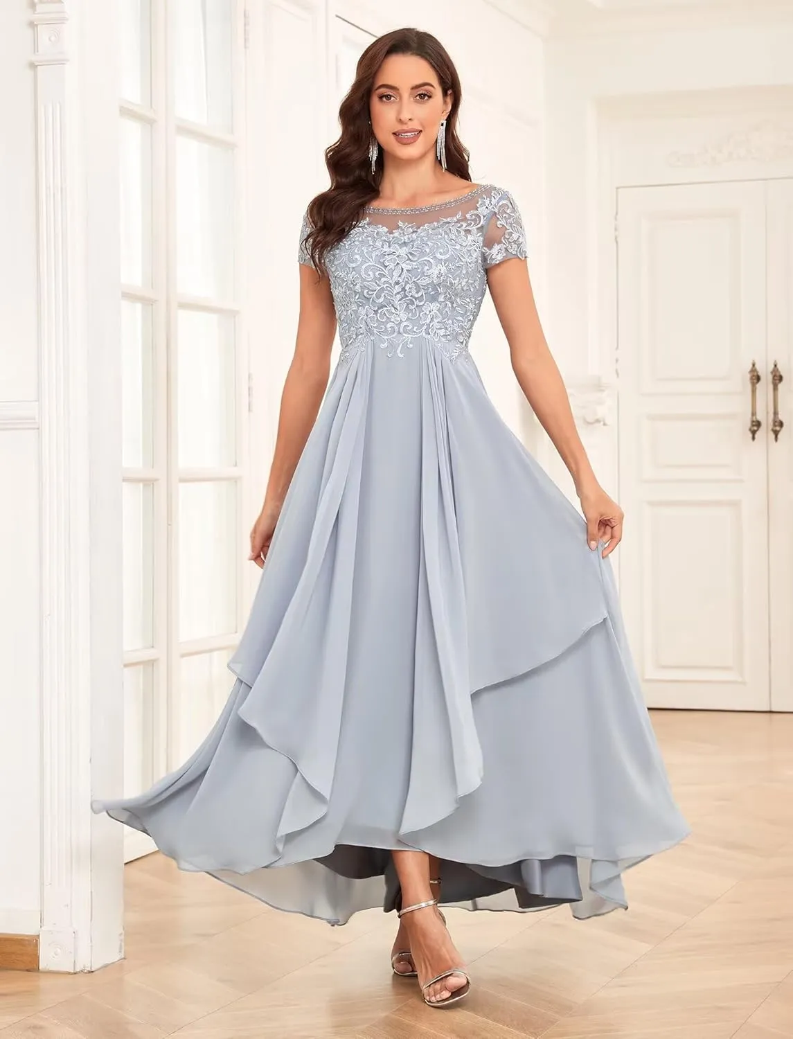 Lace Mother of The Bride Dresses for Wedding Short Sleeve Ruffle Chiffon Formal Evening Gown