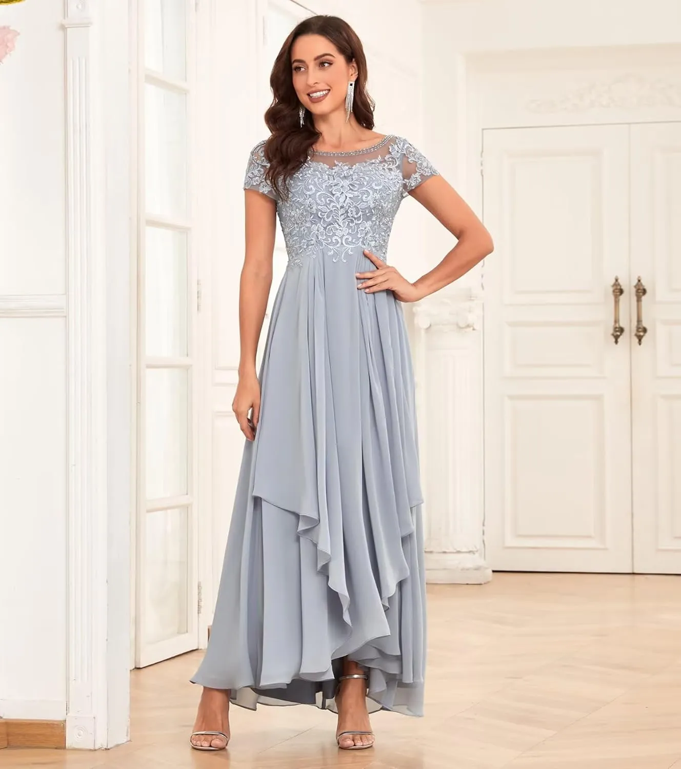 Lace Mother of The Bride Dresses for Wedding Short Sleeve Ruffle Chiffon Formal Evening Gown