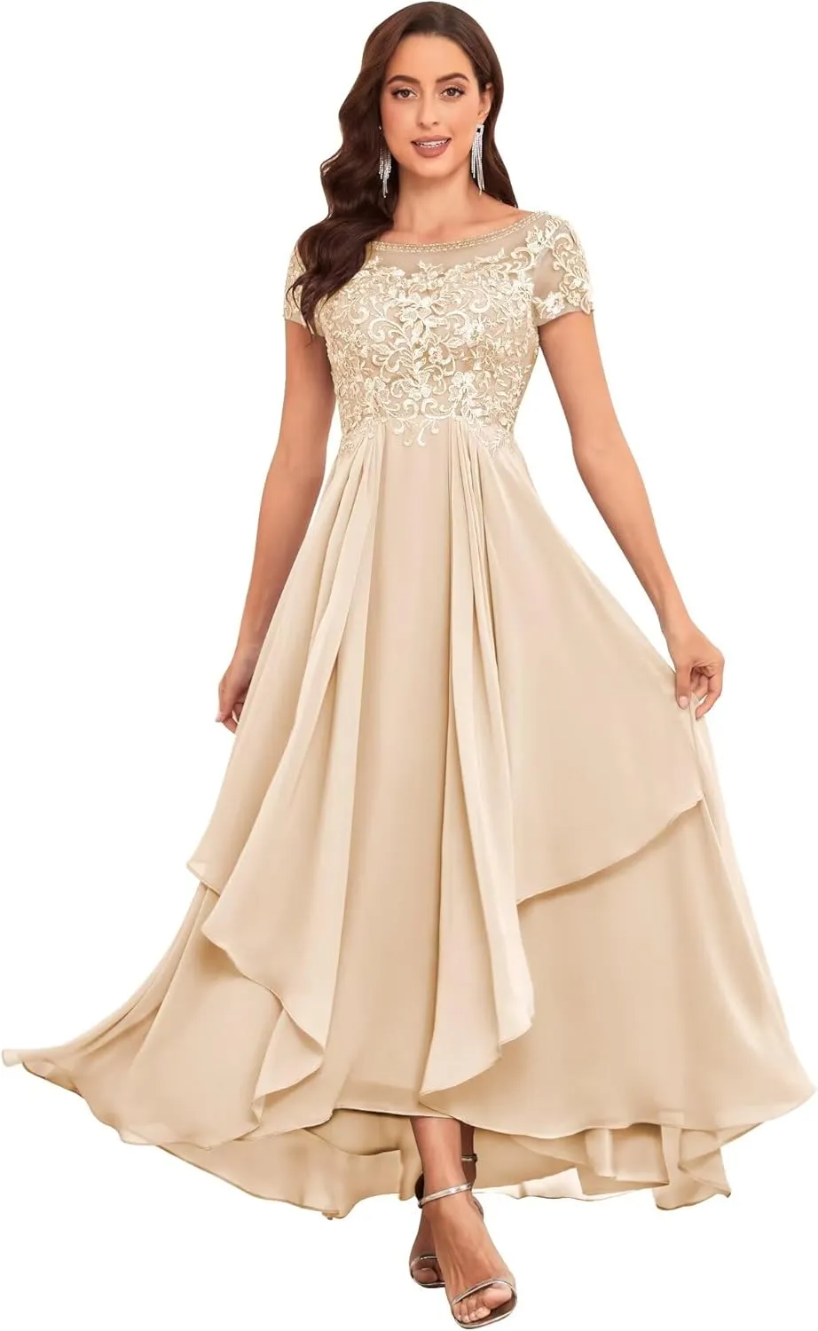 Lace Mother of The Bride Dresses for Wedding Short Sleeve Ruffle Chiffon Formal Evening Gown