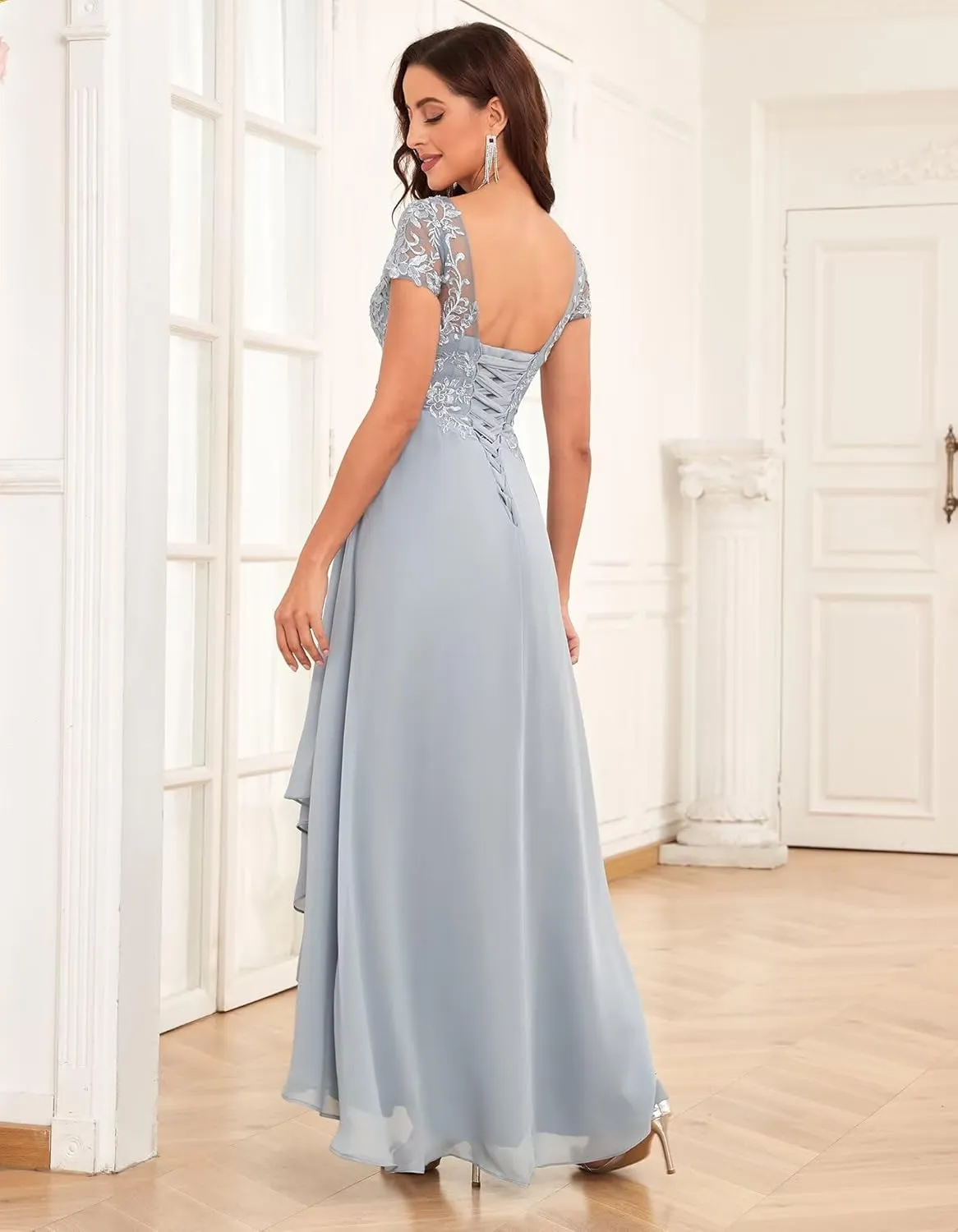 Lace Mother of The Bride Dresses for Wedding Short Sleeve Ruffle Chiffon Formal Evening Gown