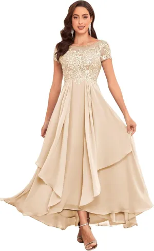Lace Mother of The Bride Dresses for Wedding Short Sleeve Ruffle Chiffon Formal Evening Gown