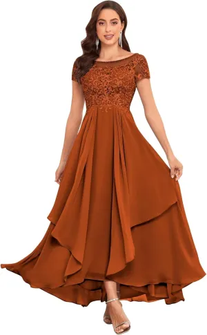 Lace Mother of The Bride Dresses for Wedding Short Sleeve Ruffle Chiffon Formal Evening Gown