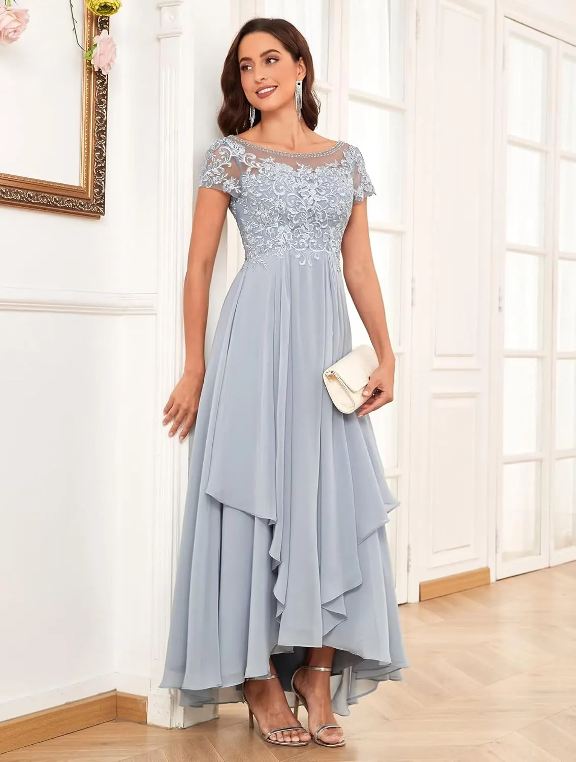 Lace Mother of The Bride Dresses for Wedding Short Sleeve Ruffle Chiffon Formal Evening Gown