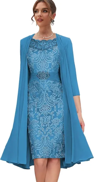 Lace Mother of The Bride Dresses with Jacket Long Sleeve Formal Dress 2 Pieces Evening Gowns for Women