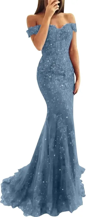 Lace Prom Dresses for Women Off Shoulder Mermaid Prom Dress Long Formal Evening Party Dress with Train PM040