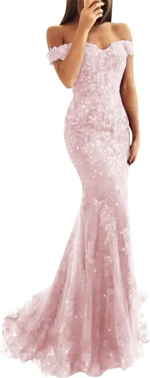 Lace Prom Dresses for Women Off Shoulder Mermaid Prom Dress Long Formal Evening Party Dress with Train PM040