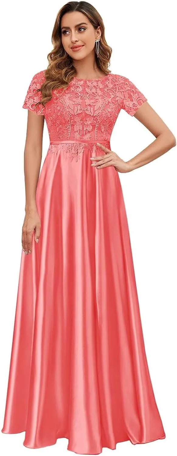 Lace Satin Mother of The Bride Dresses for Women Long Modest Short Sleeve Formal Evening Dress with Pockets