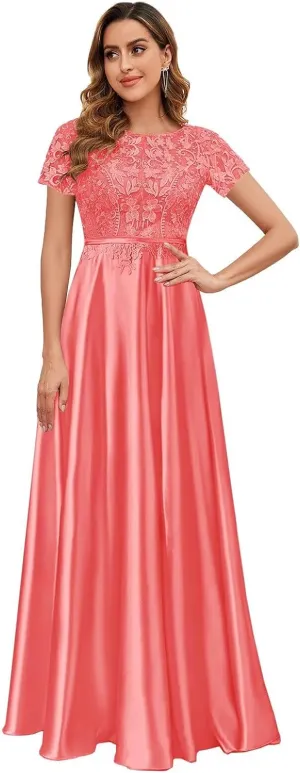 Lace Satin Mother of The Bride Dresses for Women Long Modest Short Sleeve Formal Evening Dress with Pockets