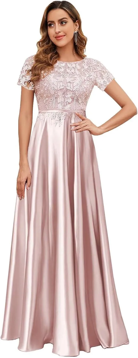 Lace Satin Mother of The Bride Dresses for Women Long Modest Short Sleeve Formal Evening Dress with Pockets
