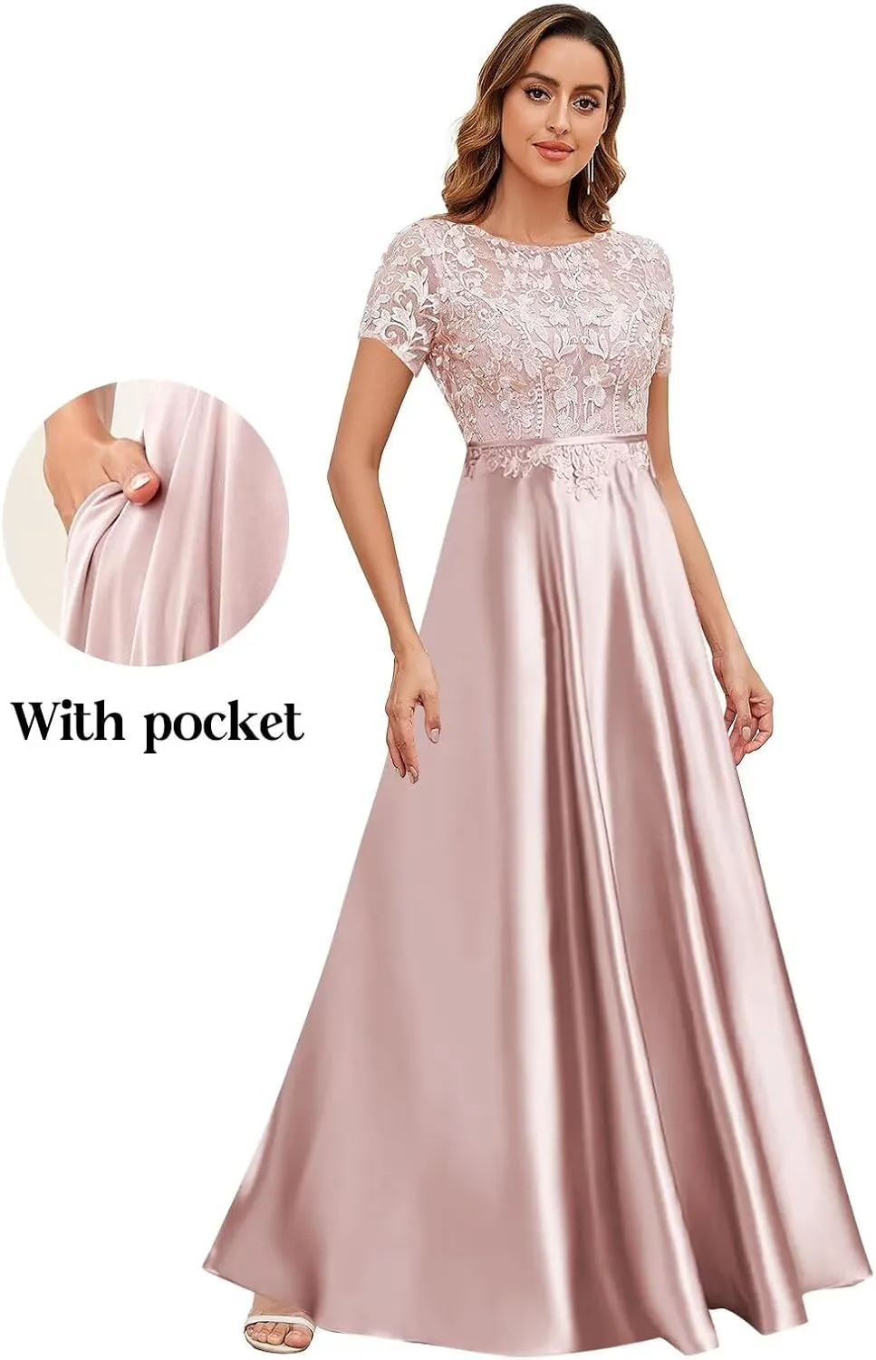 Lace Satin Mother of The Bride Dresses for Women Long Modest Short Sleeve Formal Evening Dress with Pockets