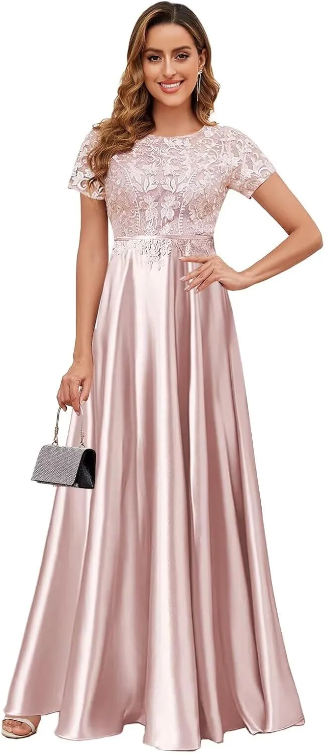 Lace Satin Mother of The Bride Dresses for Women Long Modest Short Sleeve Formal Evening Dress with Pockets