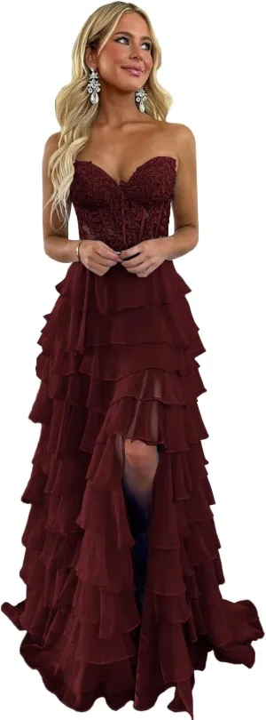 Lace Strapless Prom Dresses for Women 2025 Long Tiered Ruffles Chiffon Corset Formal Dress with Slit
