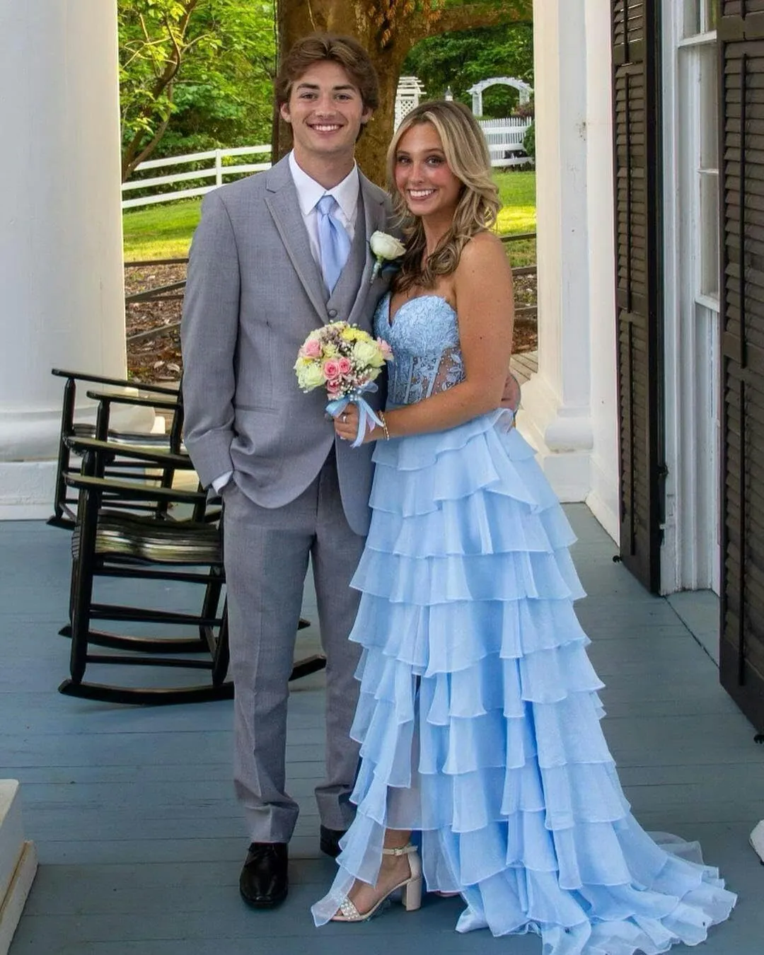 Lace Strapless Prom Dresses for Women 2025 Long Tiered Ruffles Chiffon Corset Formal Dress with Slit