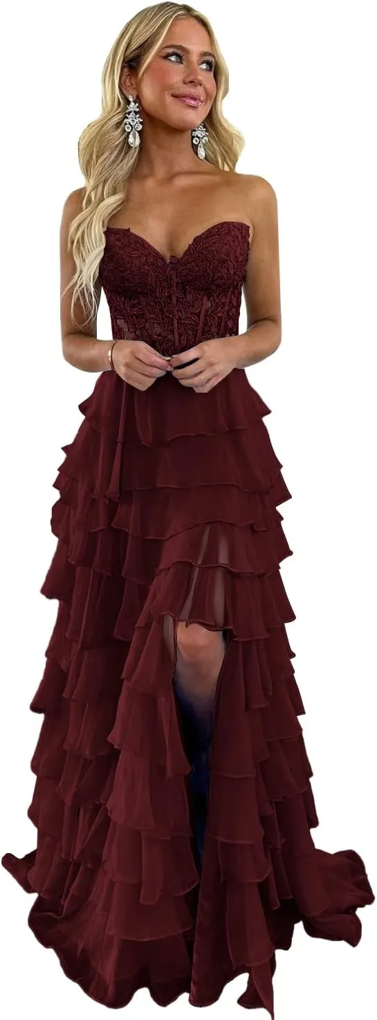Lace Strapless Prom Dresses for Women 2025 Long Tiered Ruffles Chiffon Corset Formal Dress with Slit