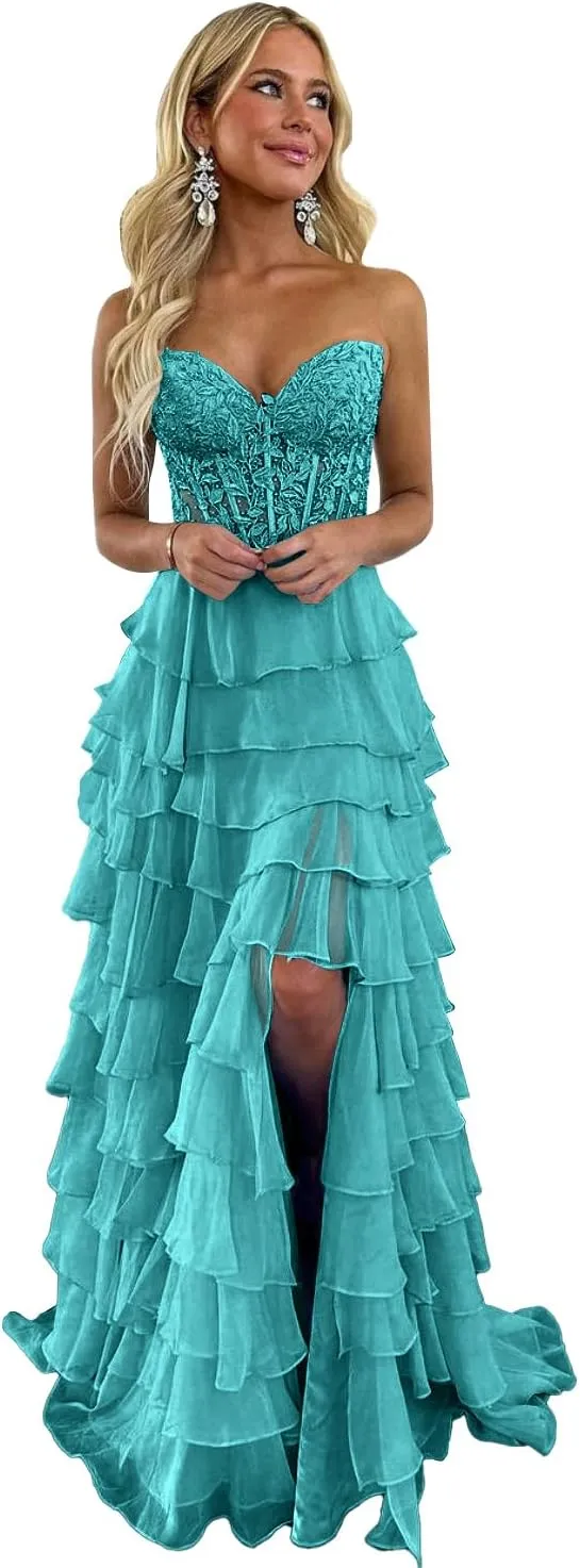 Lace Strapless Prom Dresses for Women 2025 Long Tiered Ruffles Chiffon Corset Formal Dress with Slit
