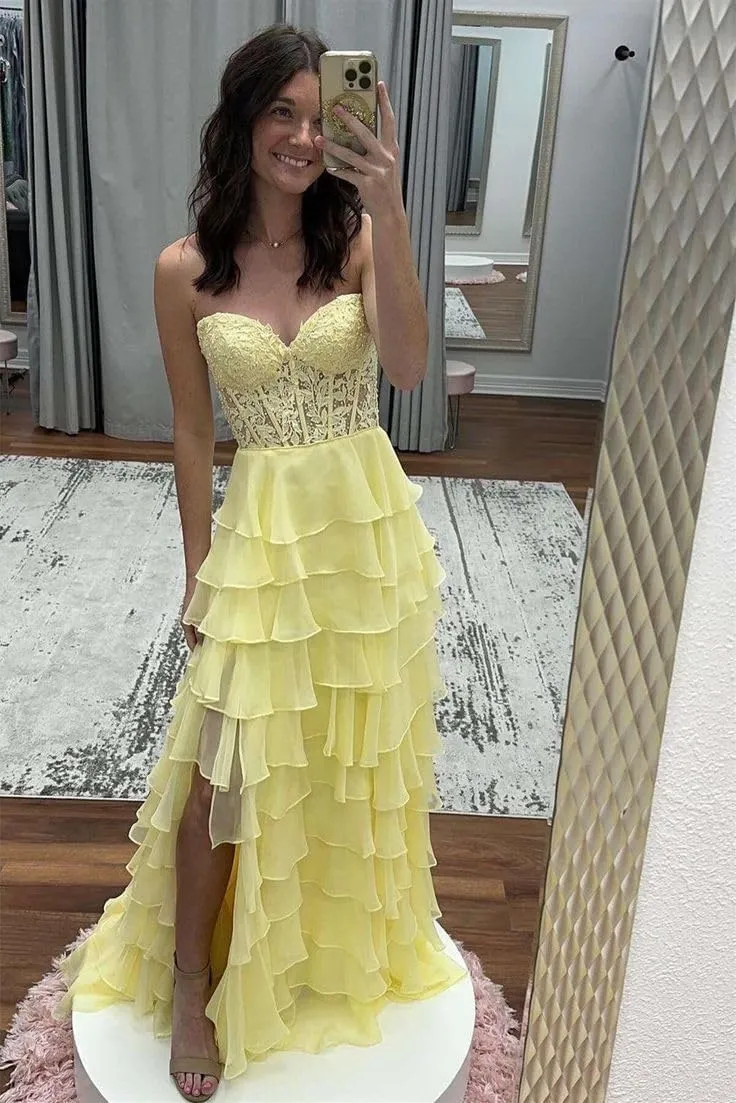 Lace Strapless Prom Dresses for Women 2025 Long Tiered Ruffles Chiffon Corset Formal Dress with Slit