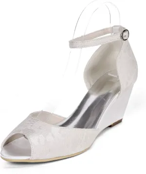 Lace Wedding Shoes Women Peep Toe Wedges Satin Ankle Strap Evening Party Sandals