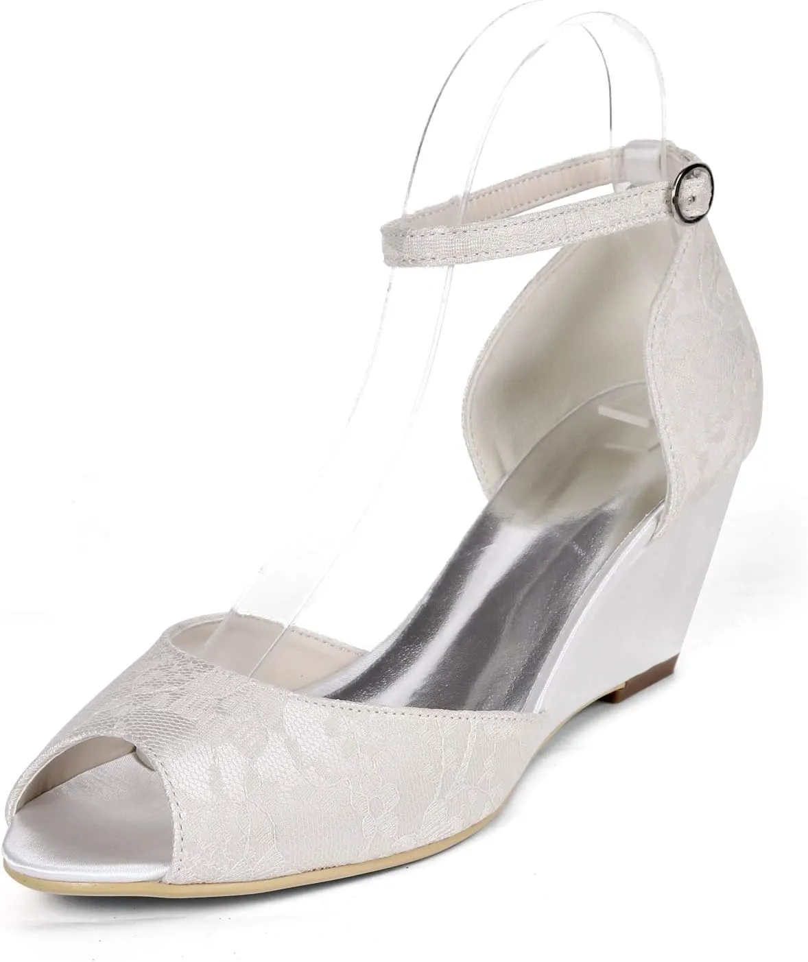 Lace Wedding Shoes Women Peep Toe Wedges Satin Ankle Strap Evening Party Sandals