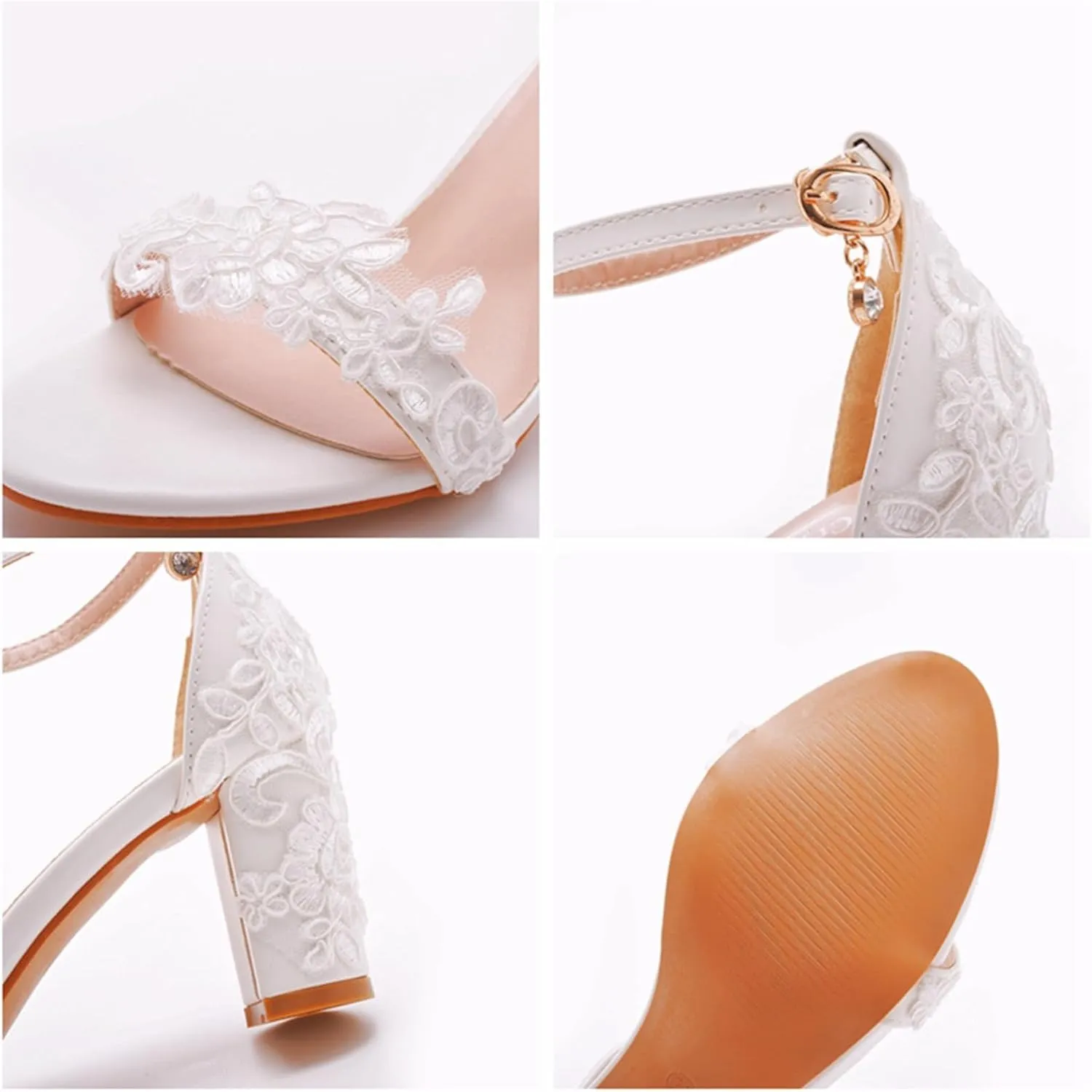 Lace Wedding Shoes,Lace Bridal Block Heels Heeled Sandal,Women's Chunky Sandals Ankle Strap Wedding Dress Pump Shoes 7Cm