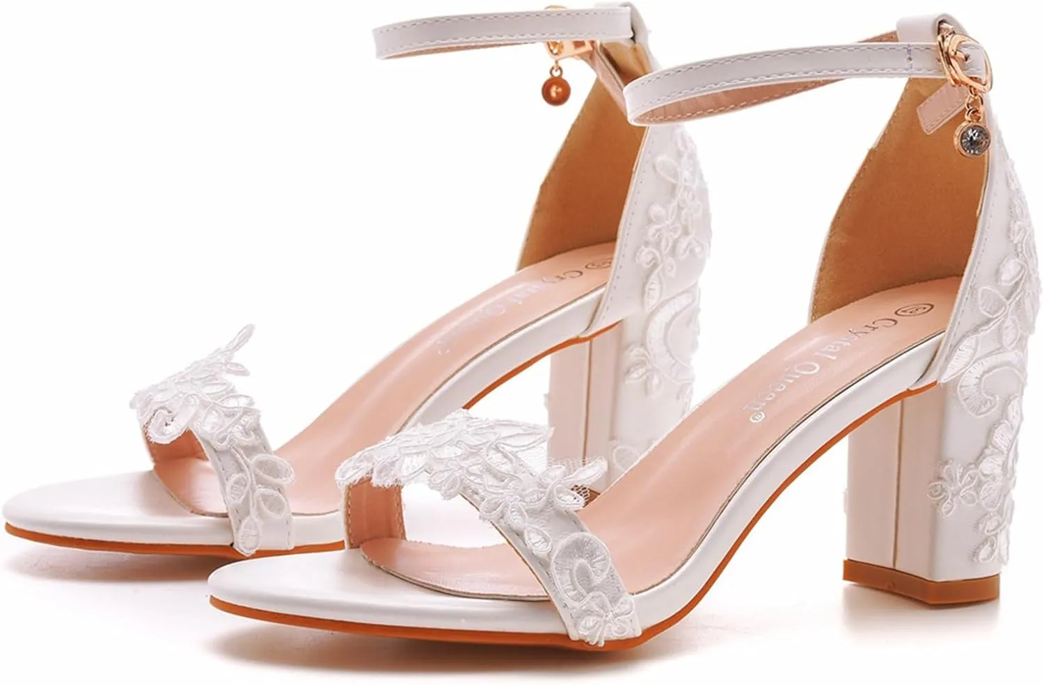 Lace Wedding Shoes,Lace Bridal Block Heels Heeled Sandal,Women's Chunky Sandals Ankle Strap Wedding Dress Pump Shoes 7Cm