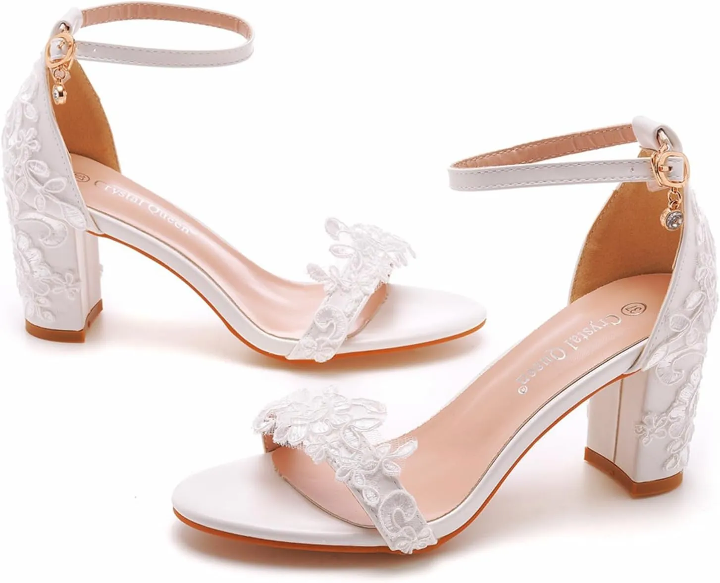 Lace Wedding Shoes,Lace Bridal Block Heels Heeled Sandal,Women's Chunky Sandals Ankle Strap Wedding Dress Pump Shoes 7Cm