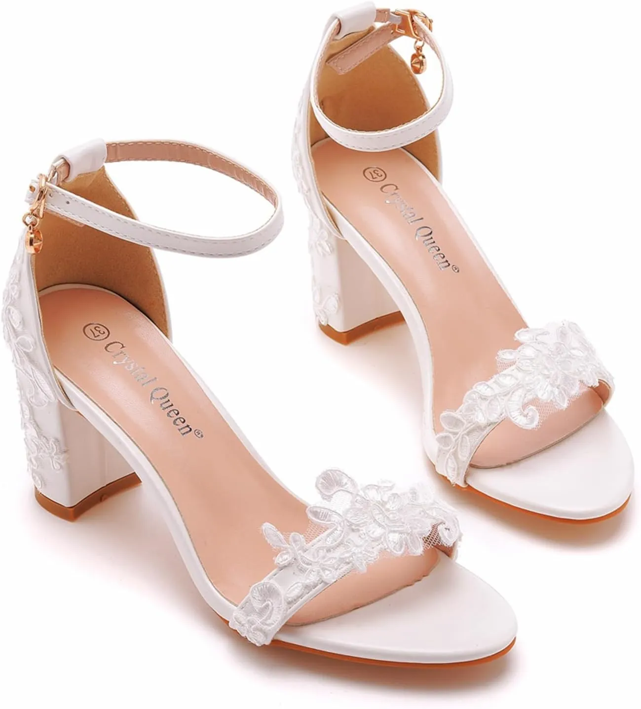 Lace Wedding Shoes,Lace Bridal Block Heels Heeled Sandal,Women's Chunky Sandals Ankle Strap Wedding Dress Pump Shoes 7Cm