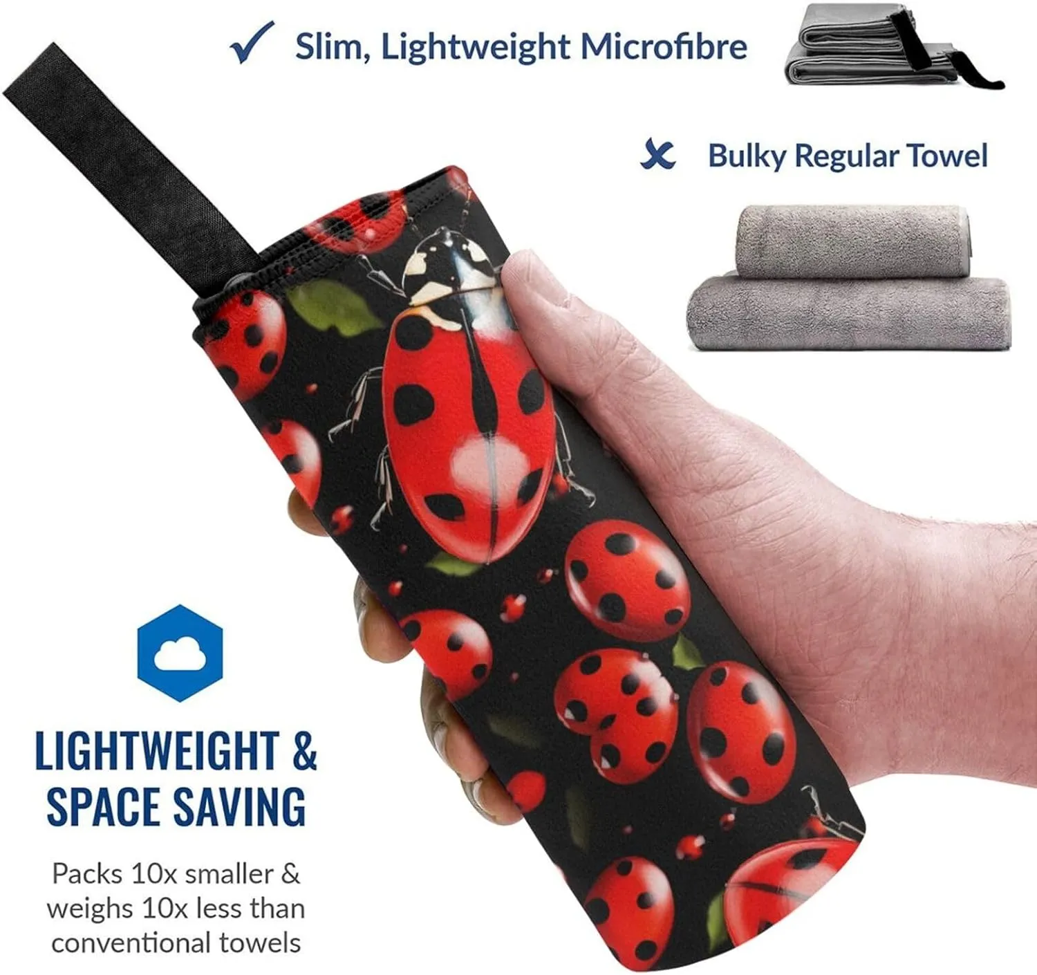 Ladybug Premium Compact Microfiber Travel Towel-Featherlight & Quick Dry,Sand-Resistant Beach Towel for Swimming,Camping,Vacation Essentials with Carry Pouch