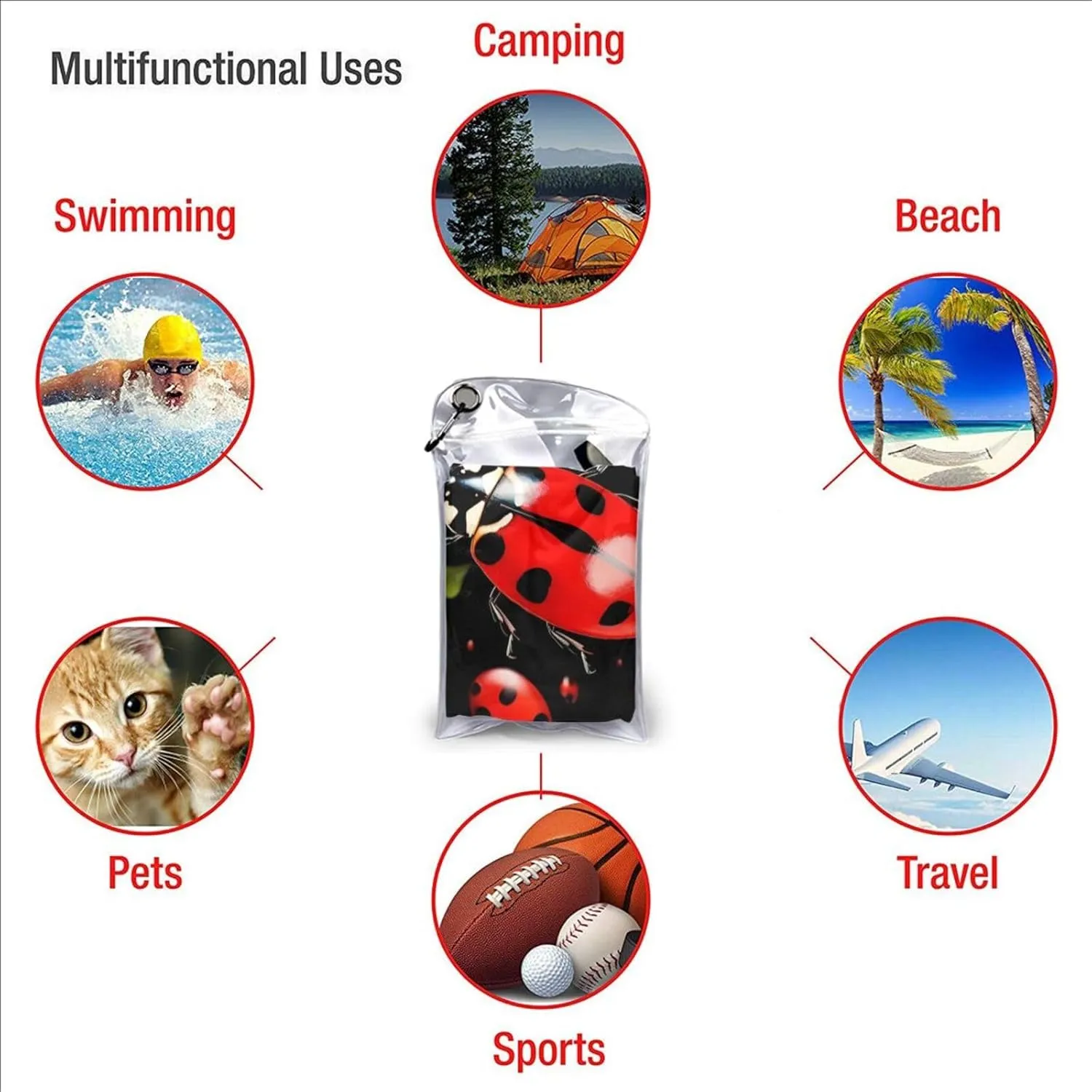 Ladybug Premium Compact Microfiber Travel Towel-Featherlight & Quick Dry,Sand-Resistant Beach Towel for Swimming,Camping,Vacation Essentials with Carry Pouch