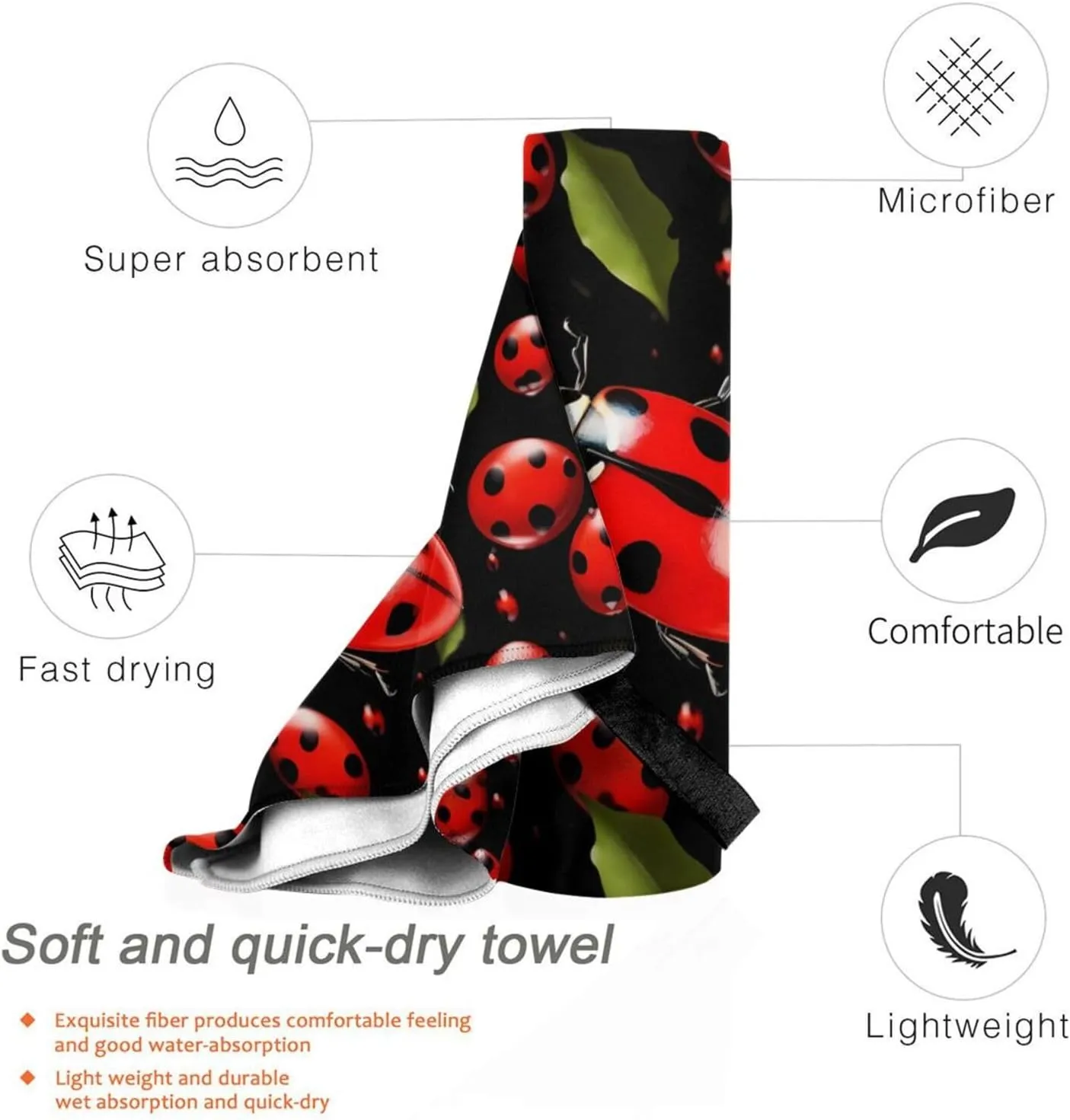 Ladybug Premium Compact Microfiber Travel Towel-Featherlight & Quick Dry,Sand-Resistant Beach Towel for Swimming,Camping,Vacation Essentials with Carry Pouch