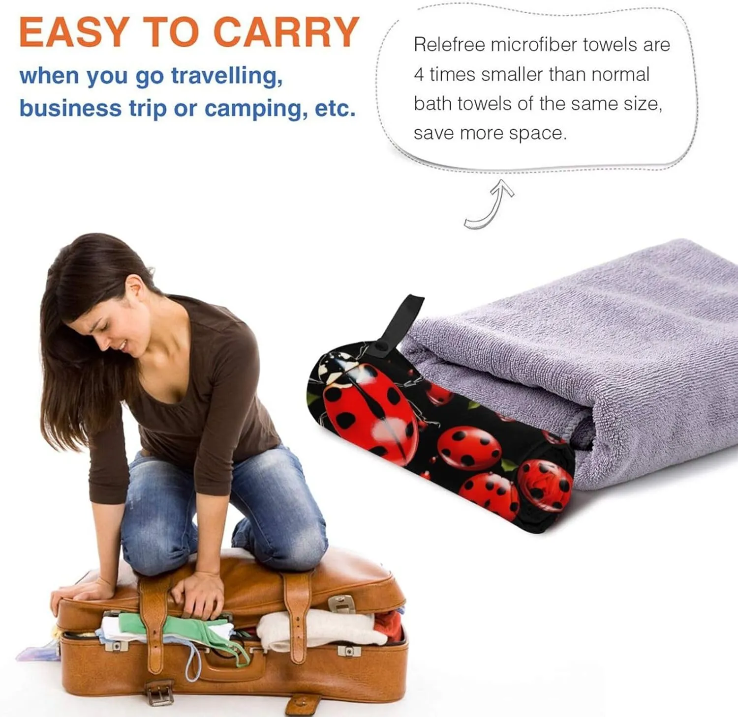 Ladybug Premium Compact Microfiber Travel Towel-Featherlight & Quick Dry,Sand-Resistant Beach Towel for Swimming,Camping,Vacation Essentials with Carry Pouch
