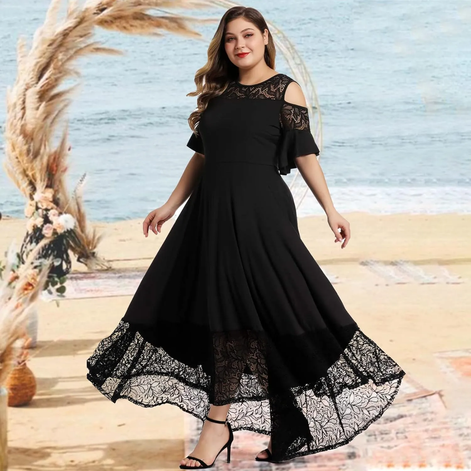 LALAGEN Womens Plus Size Lace Cold Shoulder Casual Long Plain Evening Party Maxi Dress L-5X