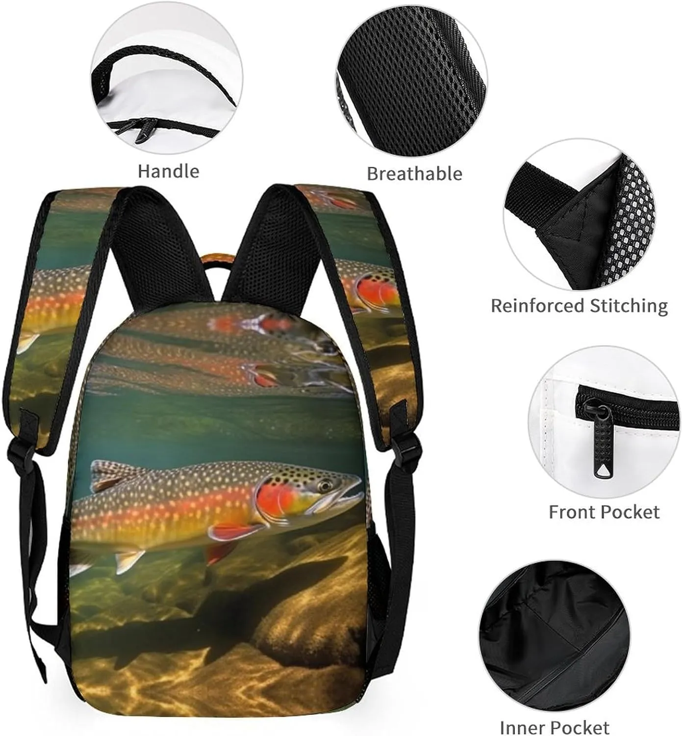 Laptop Backpack for Travel Daypack Computer Bag Work Brook Trout Fly Fishing Back Pack Nurse Bag for Hiking