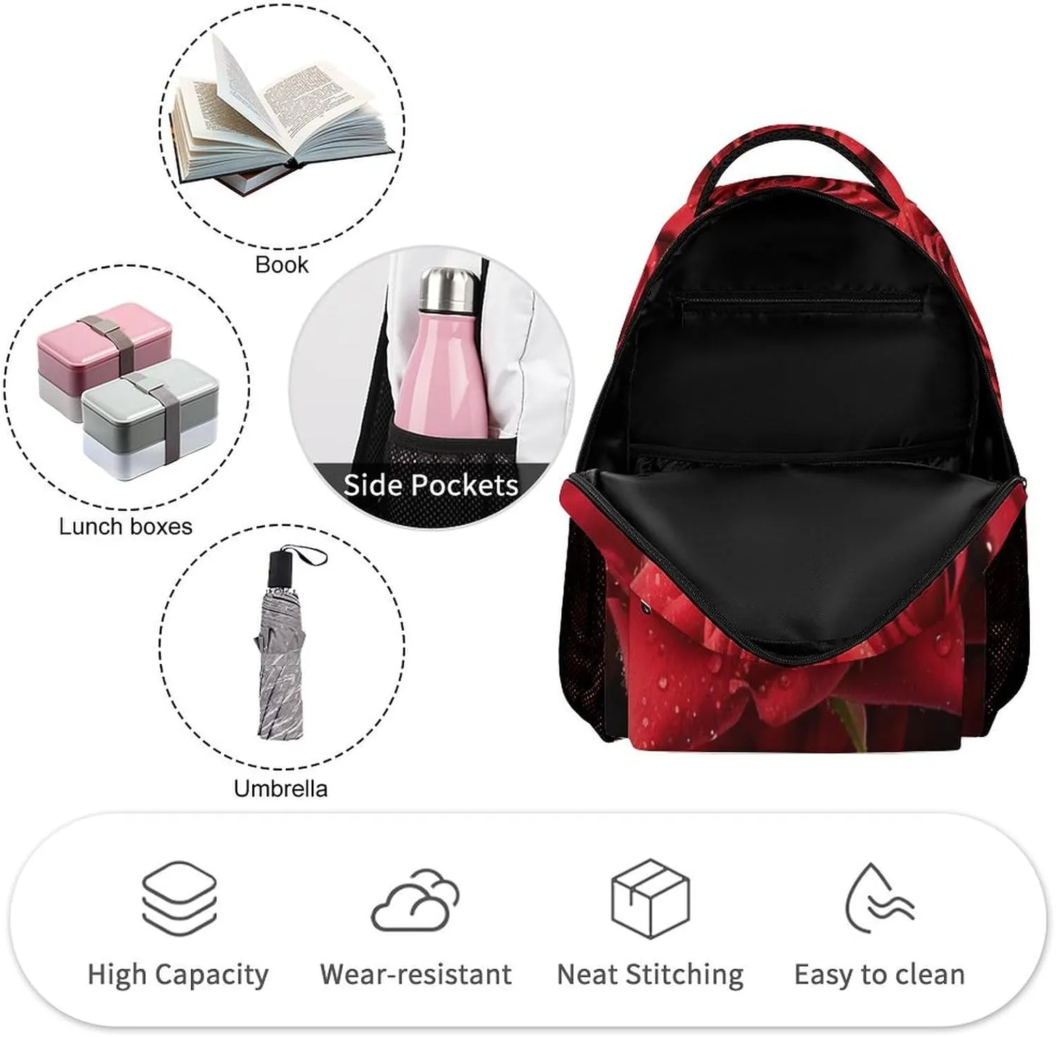 Laptop Backpack for Travel Daypack Computer Bag Work Red Rose Back Pack Nurse Bag for Hiking