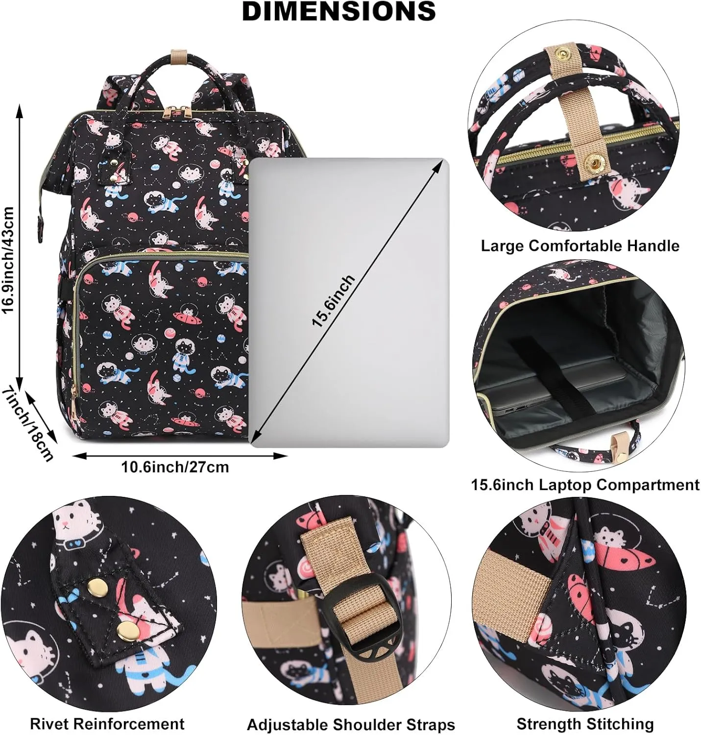Laptop Backpack for Women, College Bookbag School Backpack Work Business Travel 15.6 Inch Computer Backpacks (Cat)