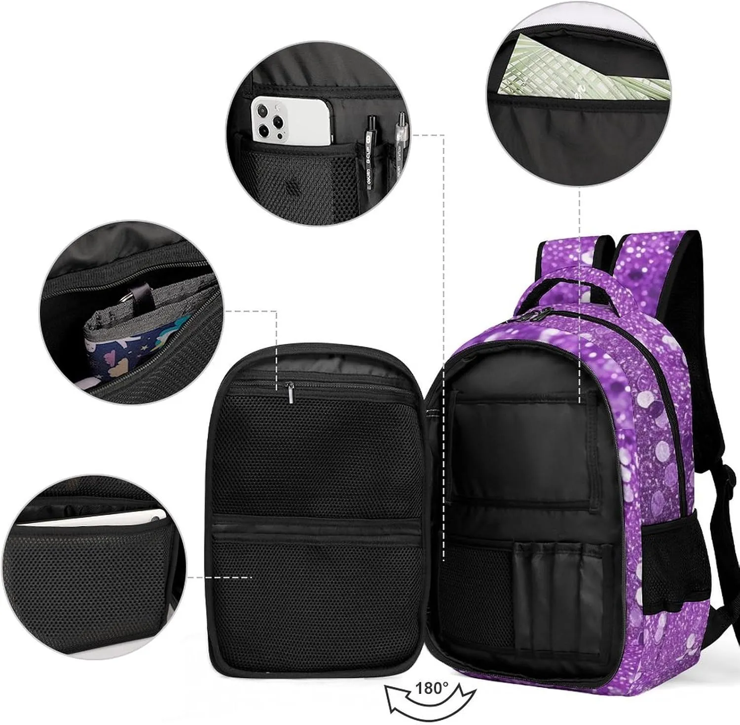 Laptop Backpack for Women Men Daypack Waterproof Sparkling Purple Glitter Computer Bag Business Work Bag for Travel