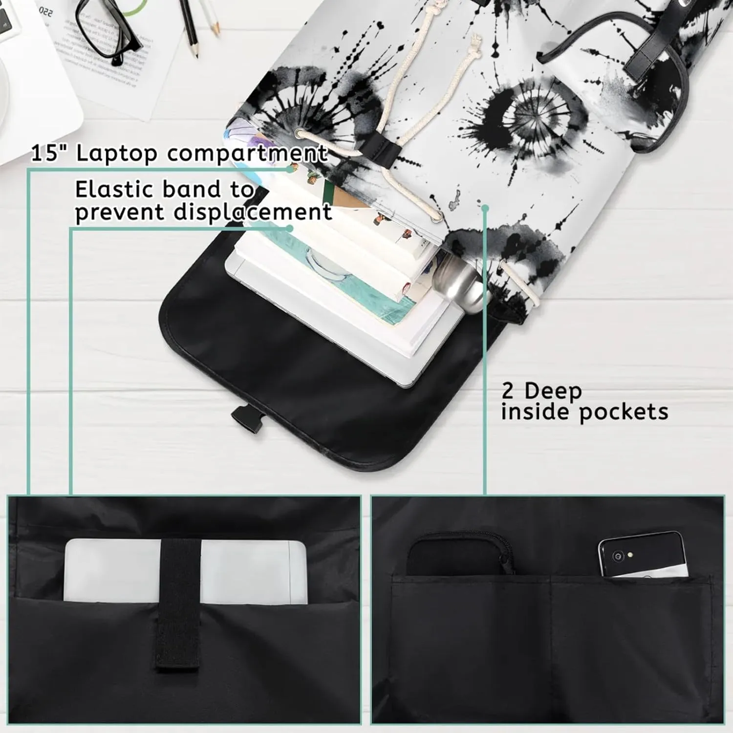 Laptop Backpacks Black Tie Dyeing Travel Backpack for Women Work Backpack Computer Bag for Business Travel Fits 15 Inch Laptop