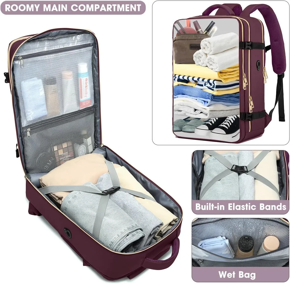 Large Carry On Travel Backpack - Flight Approved Waterproof Luggage Suitcase Backpack Personal Item Size for Women Men Fit 17 Inch Laptop College Overnight Bag Anti-Theft Weekender Daypack Dark Purple