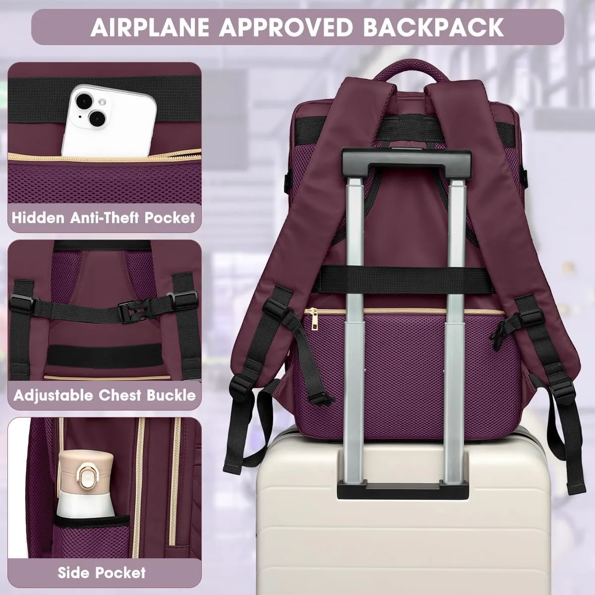 Large Carry On Travel Backpack - Flight Approved Waterproof Luggage Suitcase Backpack Personal Item Size for Women Men Fit 17 Inch Laptop College Overnight Bag Anti-Theft Weekender Daypack Dark Purple