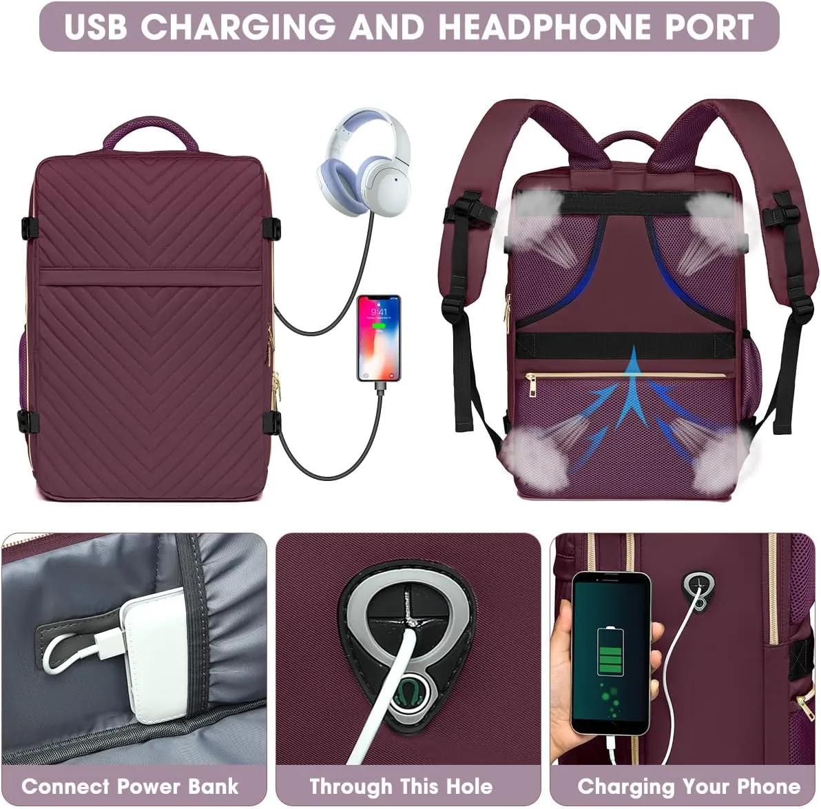 Large Carry On Travel Backpack - Flight Approved Waterproof Luggage Suitcase Backpack Personal Item Size for Women Men Fit 17 Inch Laptop College Overnight Bag Anti-Theft Weekender Daypack Dark Purple
