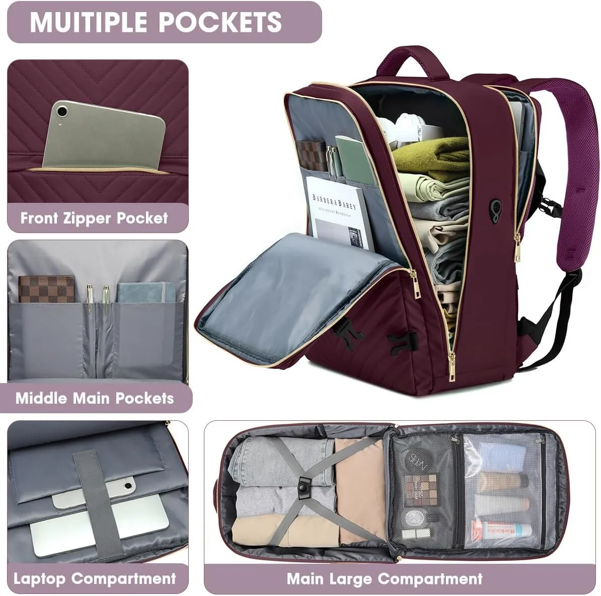 Large Carry On Travel Backpack - Flight Approved Waterproof Luggage Suitcase Backpack Personal Item Size for Women Men Fit 17 Inch Laptop College Overnight Bag Anti-Theft Weekender Daypack Dark Purple