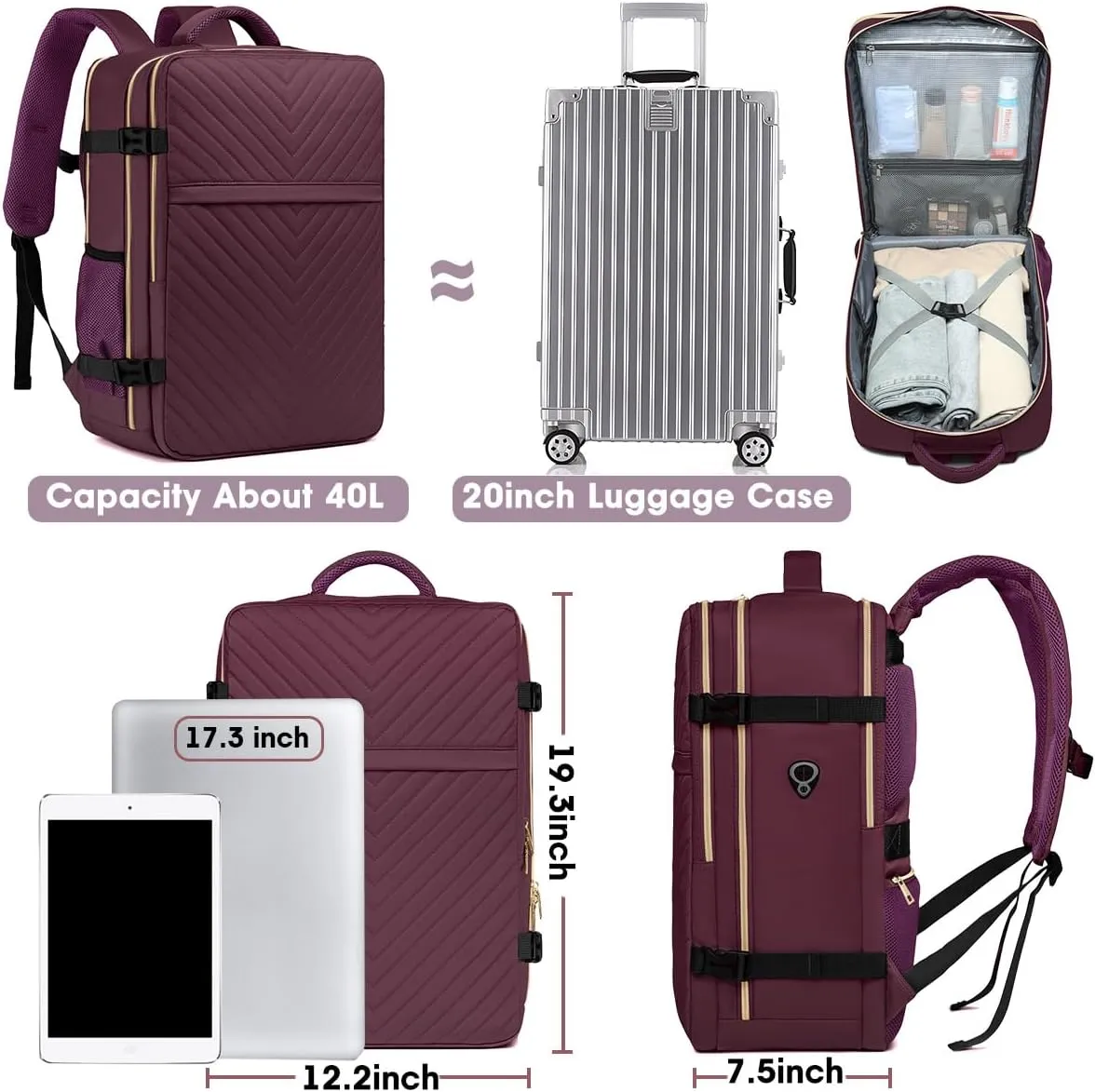 Large Carry On Travel Backpack - Flight Approved Waterproof Luggage Suitcase Backpack Personal Item Size for Women Men Fit 17 Inch Laptop College Overnight Bag Anti-Theft Weekender Daypack Dark Purple