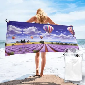 Lavender Hot Air Balloon Premium Compact Microfiber Travel Towel-Featherlight & Quick Dry,Sand-Resistant Beach Towel for Swimming,Camping,Vacation Essentials with Carry Pouch