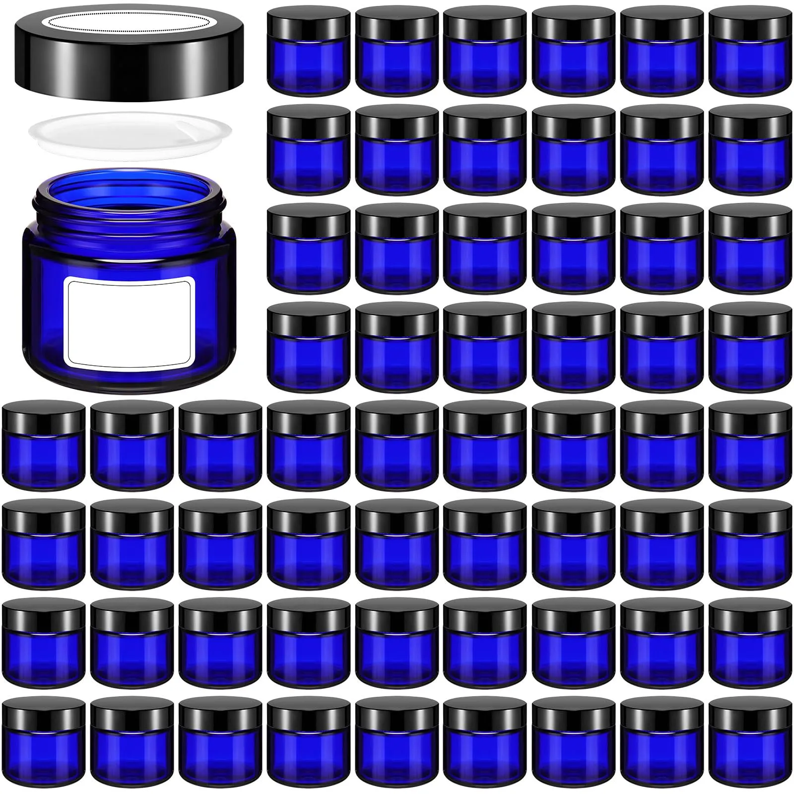 Layhit 60pcs 2 oz Glass Jars with Lids Empty Round Cosmetic Jars with Inner Liners White Labels for Storing Lotions Powders Ointments Candle Making (Black,Blue)